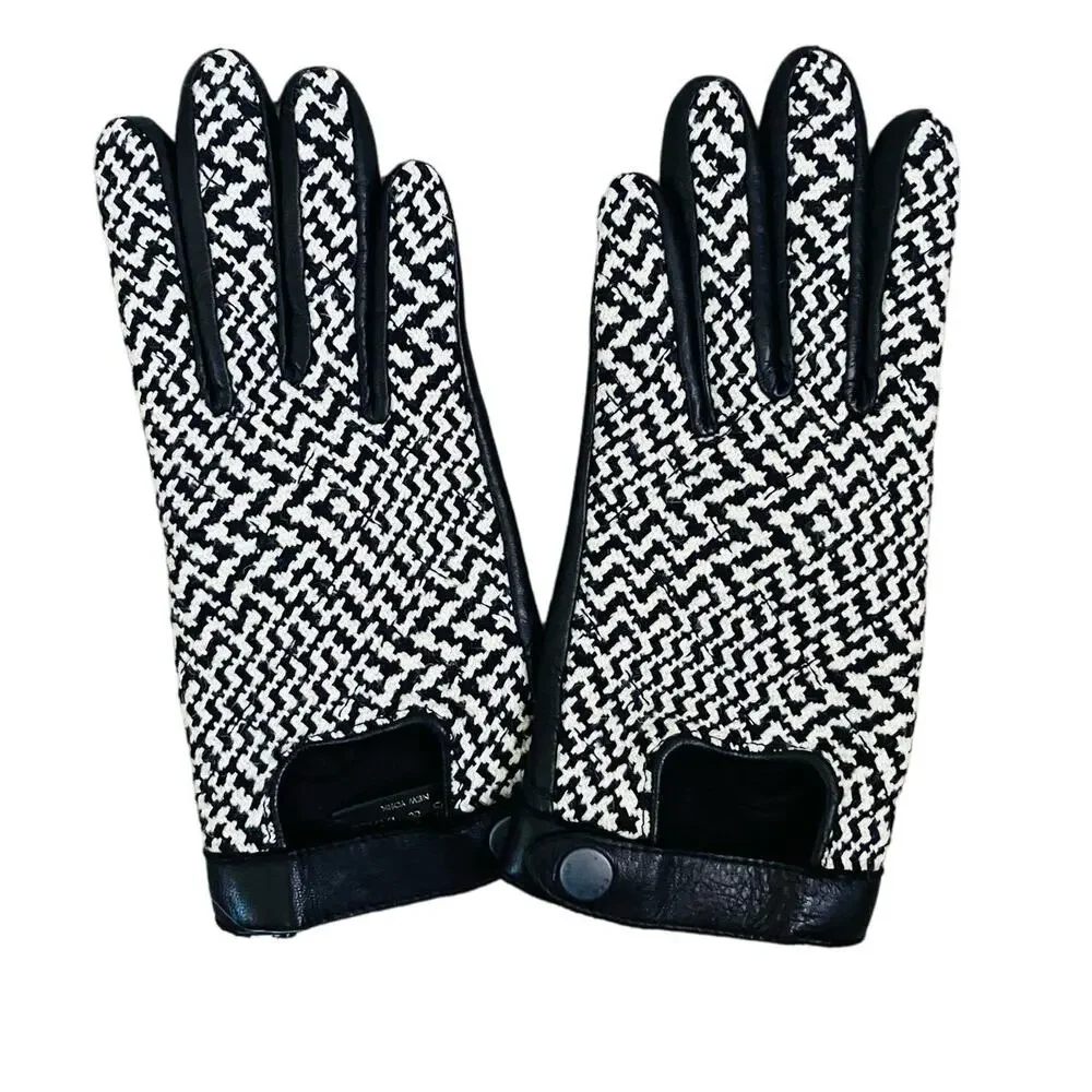 New Rag & Bone Houndstooth Black White Lambskin Beacon Gloves Size 6.5
